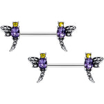 14G 9/16 Purple Yellow Gem Dragonfly Barbell Nipple Ring Set