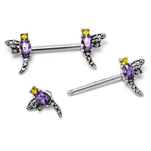 14G 9/16 Purple Yellow Gem Dragonfly Barbell Nipple Ring Set