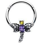 16G 3/8 Purple Yellow Gem Dragonfly Hinged Segment Ring