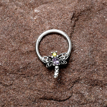 16G 3/8 Purple Yellow Gem Dragonfly Hinged Segment Ring