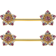 14G 9/16 Pink Gem Gold Tone Texture Star Barbell Nipple Ring Set