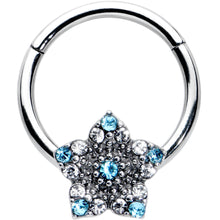 16G 3/8 Blue Clear Gem Opulent Flower Hinged Segment Ring
