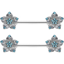 14G 9/16 Blue Clear Gem Opulent Flowers Barbell Nipple Ring Set