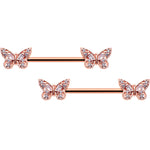 14G 9/16 Clear Gem Rosy Tone Baroque Butterfly Nipple Ring Set