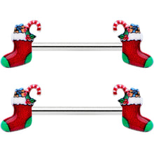 14G 9/16 Cheery Christmas Stocking Red Barbell Nipple Ring Set