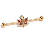 14G Red Yellow Gem Gold Tone Maple Leaf Industrial Barbell 38mm