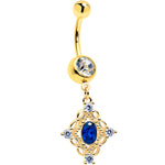 Clear Blue Gem Gold Tone Rich Rhombus Dangle Belly Ring
