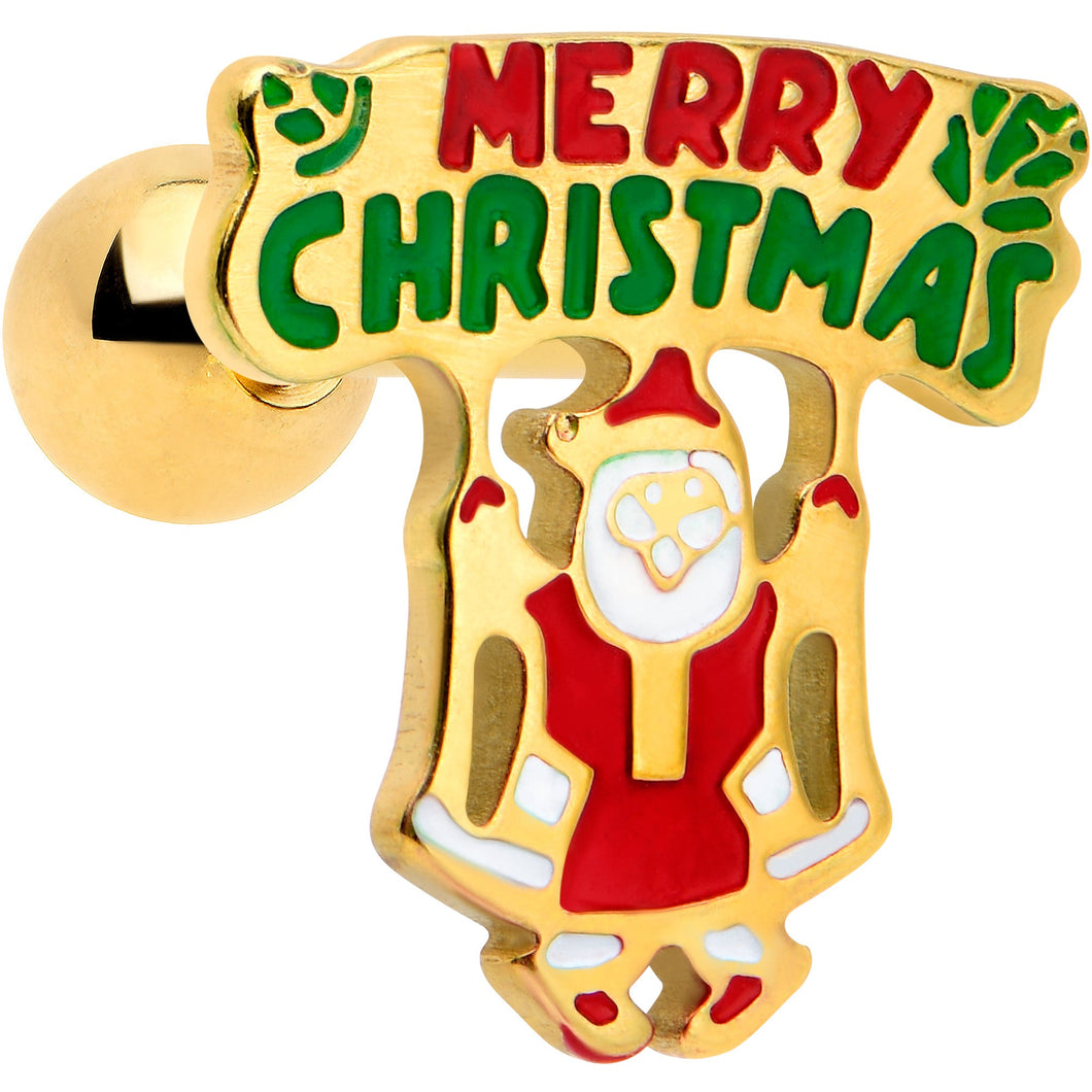 16G 1/4 Gold Tone Merry Christmas Santa Inlay Cartilage Earring