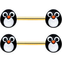 14G 9/16 Gold Tone Round Penguin Face Barbell Nipple Ring Set