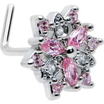 20G 7mm Pink Clear CZ Gem Snowflake L Shape Nose Ring