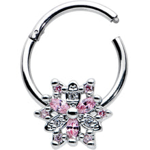 16G 3/8 Clear Pink CZ Gem Snowflake Hinged Circular Ring