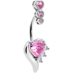 Pink CZ Gem Triple Drop Flare Heart Valentine Double Mount Belly Ring