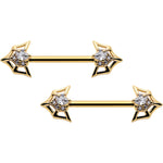 14G 5/8 Clear Gem Gold Tone Spider Bat Barbell Nipple Ring Set
