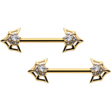 14G 5/8 Clear Gem Gold Tone Spider Bat Barbell Nipple Ring Set