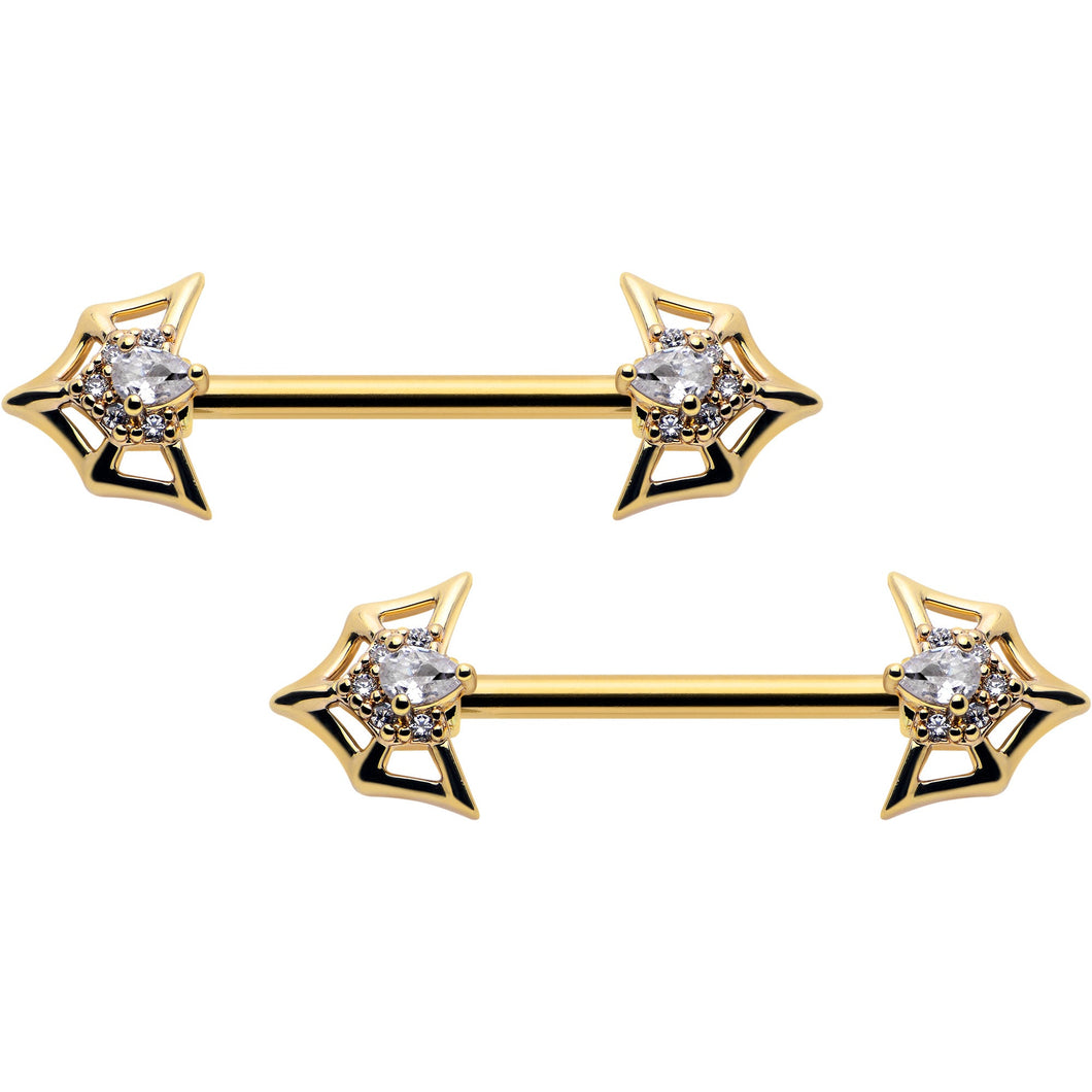 14G 5/8 Clear Gem Gold Tone Spider Bat Barbell Nipple Ring Set