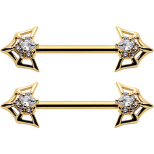 14G 5/8 Clear Gem Gold Tone Spider Bat Barbell Nipple Ring Set