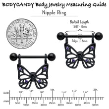 14G 11/16 Purple CZ Gem Black Skull Butterfly Dangle Nipple Ring Set