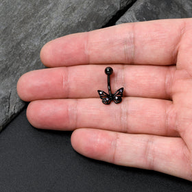Purple CZ Gem Black Skull Butterfly Belly Ring