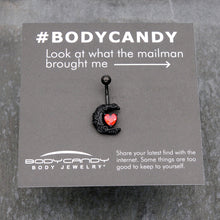 Red CZ Gem Black Scroll Moon Heart Belly Ring