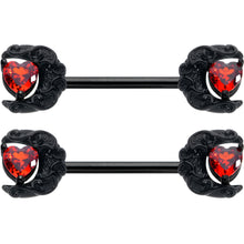 14G 9/16 Red CZ Gem Black Scroll Moon Heart Barbell Nipple Ring Set