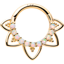 16G 5/16 White Synthetic Opal 14k Yellow Gold Filigree Hinged Segment Ring