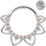 16G 3/8 White Synthetic Opal 14k White Gold Filigree Hinged Segment Ring