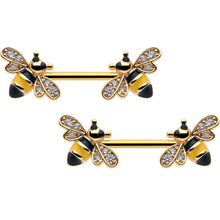 14G 9/16 Clear CZ Gem Gold Hue Honey Bees Barbell Nipple Ring Set