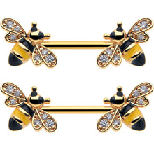 14G 9/16 Clear CZ Gem Gold Hue Honey Bees Barbell Nipple Ring Set
