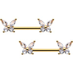 14G 9/16 Clear CZ Gem Gold Tone Butterflies Barbell Nipple Ring Set