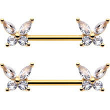 14G 9/16 Clear CZ Gem Gold Tone Butterflies Barbell Nipple Ring Set