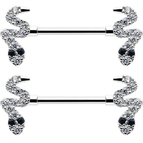 14G 9/16 Clear Black CZ Gem Sexy Snakes Barbell Nipple Ring Set