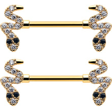 14G 9/16 Clear Black CZ Gem Gold Tone Sexy Snakes Nipple Ring Set