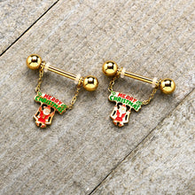 14G 9/16 Gold Tone Santa Merry Christmas Dangle Nipple Ring Set