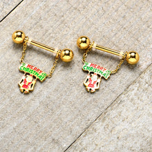 14G 9/16 Gold Tone Santa Merry Christmas Dangle Nipple Ring Set