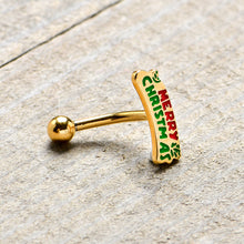 16G 5/16 Gold Tone Merry Christmas Inlay Curved Barbell Ring