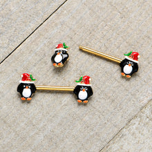 14G 9/16 Gold Tone Holly Hat Penguin Barbell Nipple Ring Set
