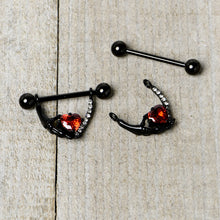 14G 11/16 Red Clear CZ Gem Heart Claw Hand Dangle Nipple Ring Set