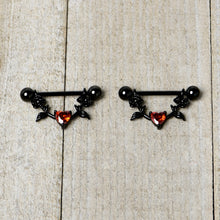 14G 11/16 Red CZ Gem Black Heart Flower Dangle Nipple Ring Set
