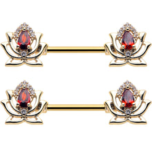 14G 9/16 Red Gem Gold Tone Royal Lotus Barbell Nipple Ring Set