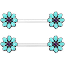 14G 9/16 Blue Faux Opal Flower Teal Petals Barbell Nipple Ring Set