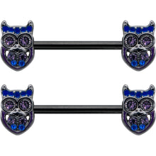 14G 9/16 Purple Blue Gem Black Opulent Owl Barbell Nipple Ring Set