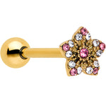 Pink Clear Gem Gold Tone Texture Star Barbell Tongue Ring
