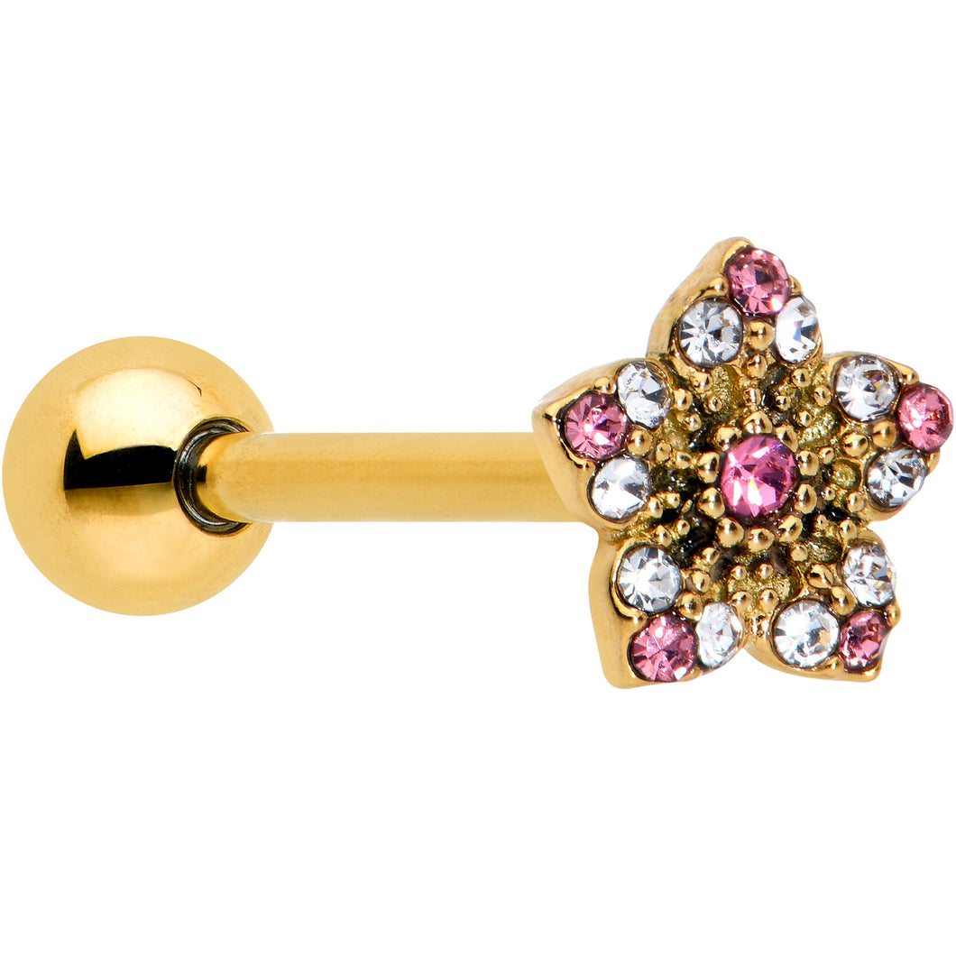 Pink Clear Gem Gold Tone Texture Star Barbell Tongue Ring