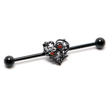 14G Clear Red CZ Gem Black Heart Floral Industrial Barbell 38mm