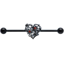 14G Clear Red CZ Gem Black Heart Floral Industrial Barbell 38mm