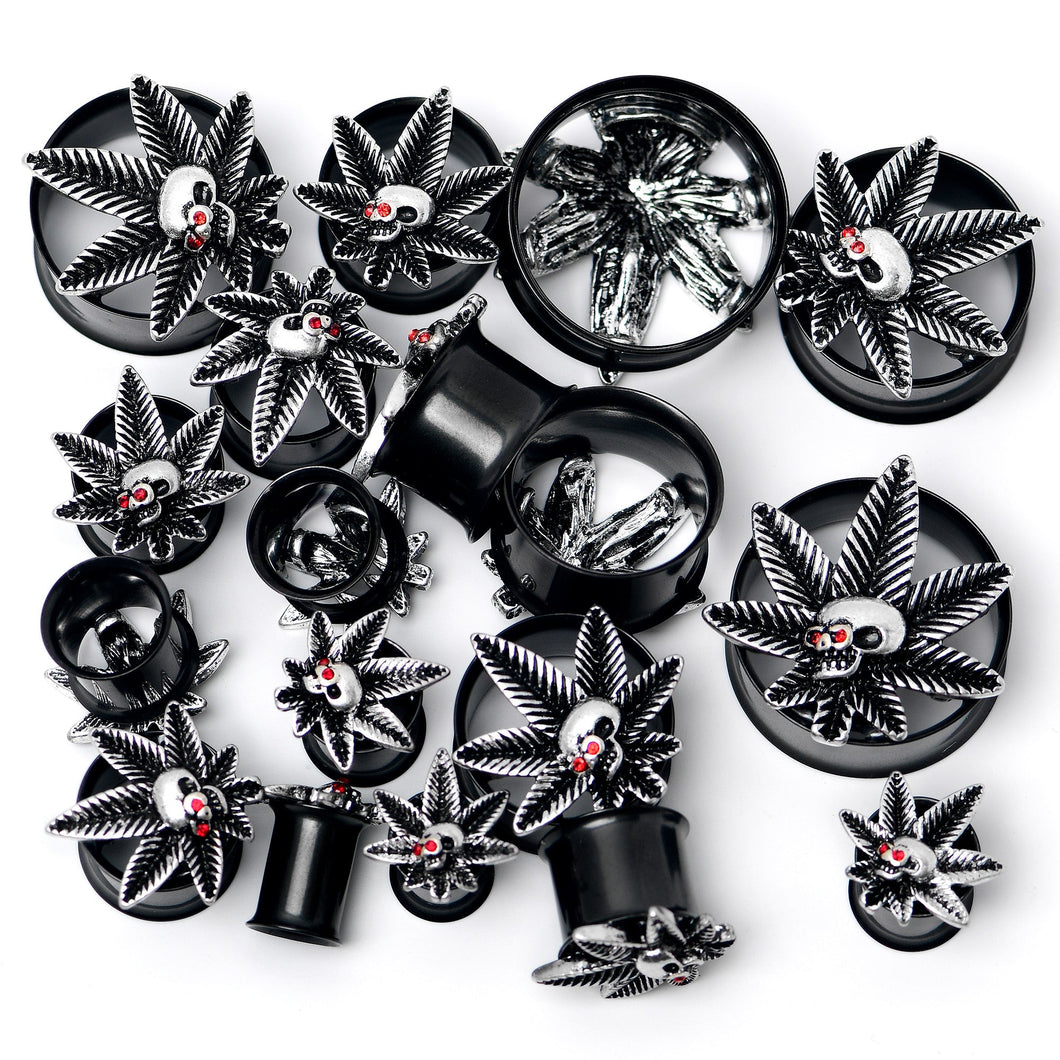 Red Gem Black Pot Leaf Skull Tunnel Plug Set