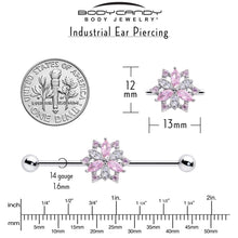 14G Pink Clear CZ Gem Snowflake Style Industrial Barbell 38mm