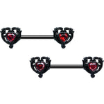 14G 9/16 Red CZ Gem Black Passion Heart Barbell Nipple Ring Set