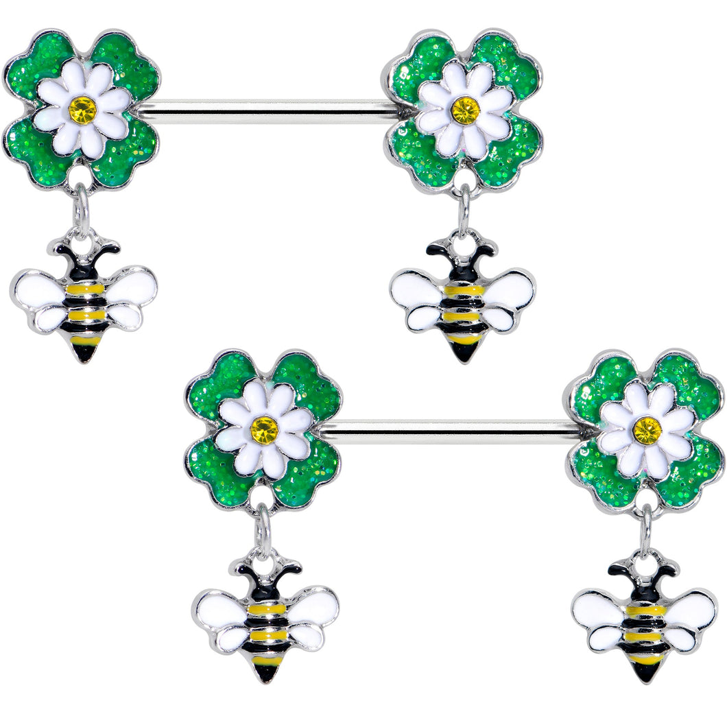 14G 9/16 Yellow Gem Daisy Bee Glittery Barbell Nipple Ring Set