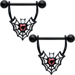 14G 11/16 Red Gem Black Gothic Bat Heart Nipple Shield Set